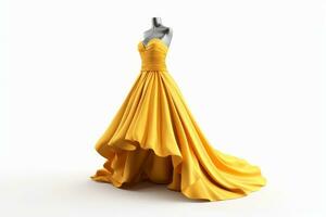 ai generativ Gelb Kleid auf ein Mannequin isoliert auf Weiß Hintergrund, Kleid zum ein Ball oder Abend Veranstaltung foto