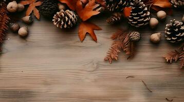 Herbst Hintergrund mit Blatt und Nuss auf das Rahmen von ai generiert foto