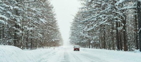 schön Schnee Straße Wald Aussicht während Auto Fahren im Winter Jahreszeit. Winter reisen, Straße Reise, Abenteuer, erkunden und Ferien Konzepte foto