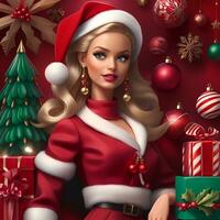 ai generiert Barbie feiern Weihnachten tragen Santa Hut foto