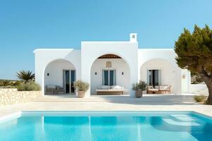 traditionell Mittelmeer Haus mit Schwimmen Schwimmbad im Sommer- Urlaub, ai generiert foto