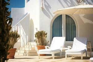 traditionell Mittelmeer Haus mit Sommer- Terrasse Sonnenbank, ai generiert foto