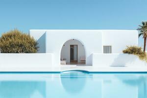 traditionell Mittelmeer Haus mit Schwimmen Schwimmbad im Sommer- Urlaub, ai generiert foto