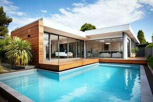 Außen von Luxus und modern schön minimal Villa mit Schwimmen Schwimmbad, ai generiert foto