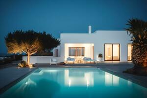 traditionell Mittelmeer Haus mit Schwimmen Schwimmbad Sommer- Urlaub, Nacht Zeit, ai generiert foto