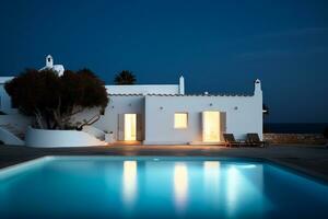 traditionell Mittelmeer Haus mit Schwimmen Schwimmbad Sommer- Urlaub, Nacht Zeit, ai generiert foto