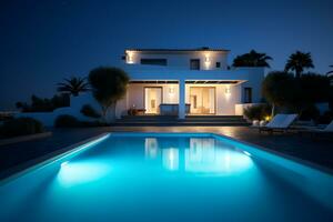 traditionell Mittelmeer Haus mit Schwimmen Schwimmbad Sommer- Urlaub, Nacht Zeit, ai generiert foto
