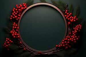 ein kreisförmig Rahmen mit rot Beeren auf ein dunkel Hintergrund. ai generativ foto