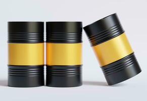 Trommel Container Öl Industrie. Gold und schwarz Fässer mit Öl fallen Etikette auf verschüttet Pfütze von roh Öl. Objekt von Illustration isoliert auf Weiß Hintergrund foto