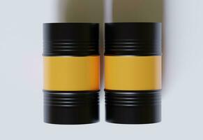 Trommel Container Öl Industrie. Gold und schwarz Fässer mit Öl fallen Etikette auf verschüttet Pfütze von roh Öl. Objekt von Illustration isoliert auf Weiß Hintergrund foto