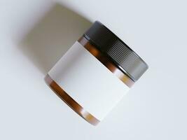 Bernstein Glas kosmetisch Krug mit ein realistisch Textur leer Etikette Weiß Farbe Rendern 3d Software Illustration, braun Krug Farbe und schwarz Deckel foto