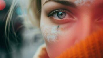 ein Foto konzentriert auf das Blau Auge von ein blond Frau. generativ ai