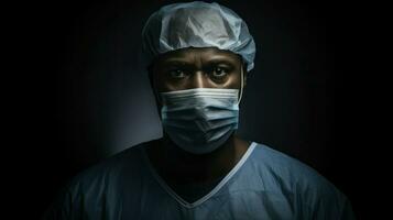 Arzt tragen ein schützend Maske bereitet vor zum Operation. generativ ai foto