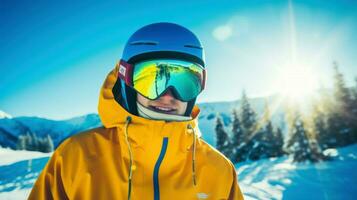 ein Skifahrer Mann im das Schnee beim ein Ski Erholungsort. generativ ai foto