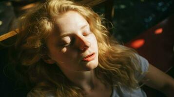 ein blond Frau ist schlafend mit das Sonne leuchtenden auf ihr Gesicht. generativ ai foto