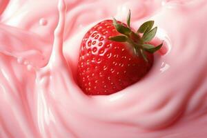 ai generiert Erdbeeren im ein milchig Rosa Spritzen. Bild von Erdbeere Joghurt, Milchshake oder Smoothie. foto