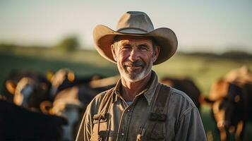 Farmer Stehen im Vorderseite von Herde von Kühe beim Sonnenuntergang. Fokus auf Mann ai generiert foto