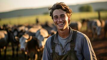 Porträt von glücklich Junge Stehen im Kuhstall beim Bauernhof während Sonnenuntergang ai generiert foto