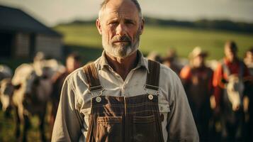 Farmer Stehen im Vorderseite von Herde von Kühe beim Sonnenuntergang. Fokus auf Mann ai generiert foto