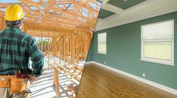 Auftragnehmer gegenüber Vor und nach Innere von Haus Holz Konstruktion Rahmung und fertig bauen. foto