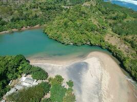 das Fluss von ungapan Strand und tropisch Bäume im das Süd- Route von Java Insel foto