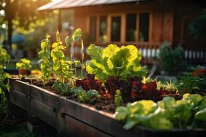 ein zeitgenössisch Garten, hölzern angehoben Betten sind benutzt zu wachsen Gemüse ai generativ foto