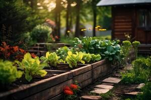 ein zeitgenössisch Garten, hölzern angehoben Betten sind benutzt zu wachsen Gemüse ai generativ foto