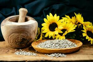 Sonnenblume Helianthus annuus Saat auf Olive Holz foto