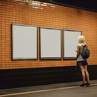 Frau ist suchen beim leer Werbung Tafel auf U-Bahn Mauer. generativ ai foto