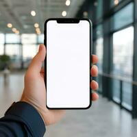 Mann Hand halten ein Smartphone mit Attrappe, Lehrmodell, Simulation Weiß leer Anzeige. generativ ai foto