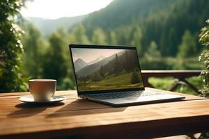 Laptop und Kaffee Tasse auf Tabelle mit Berg Sicht. generativ ai foto