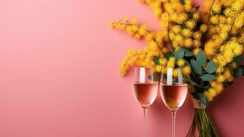 Brille von Champagner und ein Strauß von Mimose auf ein Rosa Hintergrund, Idee zum ein Postkarte zum März 8 .. foto