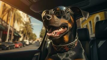 glücklich Rottweiler im Sonnenbrille Fahrten im ein Auto, komfortabel Reise mit Haustiere, Postkarte foto