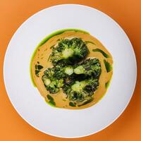 Kürbis Sahne Suppe mit Brokkoli auf Teller foto
