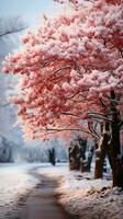 Winter rot Baum bedeckt durch Schnee ai generiert foto