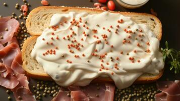 Brot Toast Rindfleisch geräuchert Mayonnaise Sahne ai generiert foto