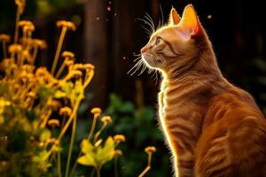 Nahansicht von süß Katze Blick beim etwas mit schön Bokeh Hintergrund, generativ ai foto