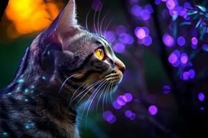 ai generiert Nahansicht von süß Katze Blick beim etwas mit schön Bokeh Hintergrund, generativ ai foto