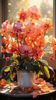 Orchidee auf vas und Sonnenuntergang ai generiert foto