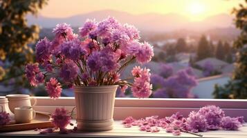 Lavendel Pflanze im vas Foto realistisch auf Abend Sonne ai generiert