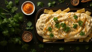 Lasagne Kartoffel Mayonnaise Pilz Ei Essen ai generiert foto