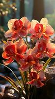 Orchidee auf vas und Sonnenuntergang ai generiert foto