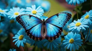 schließen oben hohe Auflösung Bild von Blau Morpho auf Weiß Gänseblümchen Blume. generativ ai foto