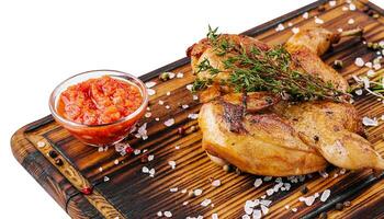 geröstet Rebhuhn mit Soße Tomate auf Holz Tafel foto