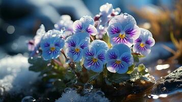 ai generiert Stiefmütterchen Blume auf Winter Schnee mit Sonne Licht foto