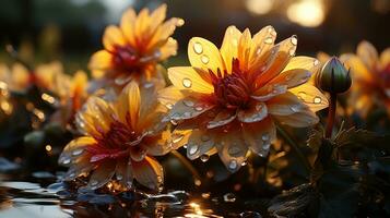 Gerbera Blume Sonnenuntergang oder Sonnenaufgang Himmel idyllisch auf golden Std ai generiert foto