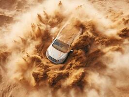 ein suv ist Fahren durch ein Sand Düne im das Wüste generativ ai foto