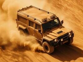 ein aus Straße Fahrzeug ist Fahren durch das Wüste generativ ai foto