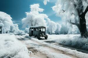 ein alt Schule Bus ist Fahren Nieder ein schneebedeckt Straße generativ ai foto