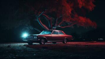 ein alt Auto ist geparkt im Vorderseite von ein Baum beim Nacht generativ ai foto